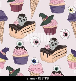 Halloween Seamless Pattern DEATH SWEETS Color Vector Illustration Set for Digital Print, Holidays, Wall Decorations, Scrapbooking, Photo Album Design Stock Vector