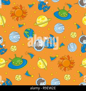Seamless Pattern PLANETMAN is Color Vector Illustration Magic Cartoon Picture for Scrapbooking Babybook Print Card and Album Photo Stock Vector