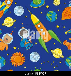 Seamless Pattern SPACEMAN is Color Vector Illustration Magic Cartoon Picture for Scrapbooking Babybook Print Card and Album Photo Stock Vector