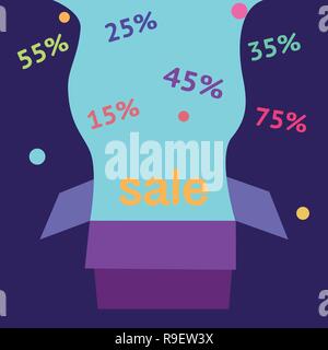 Open purple gift box and confetti. Sale Background. Vector Illustration Stock Vector