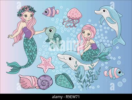 Sea Travel Clipart Color Vector Illustration Set MERMAIDS for Scrapbooking Babybook and Digital Print on Card And Photo Children’s Albums Stock Vector