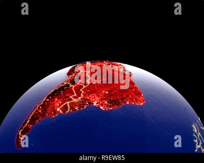 Latin America from space on planet Earth at night with bright city lights. Detailed plastic planet surface with real mountains. 3D illustration. Eleme Stock Photo