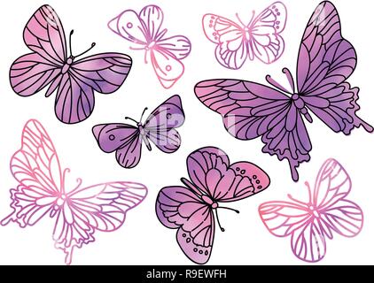 Cartoon Clipart Color Vector Illustration Set PINK BUTTERFLIES for Scrapbooking Babybook and Digital Print on Card And Photo Children’s Albums Stock Vector