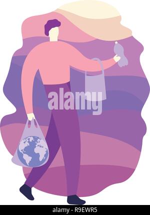 Humans overflow trash in the forest near the city, flat art. modern design. vector Stock Vector