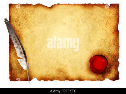 Old parchment with wax seal. Isolated over white Stock Photo