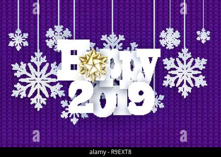 Christmas background with decorative papercut snowflake. Knit pattern. Merry Christmas and Happy New Year Greetings card. Paper cut snowflakes design. Stock Vector