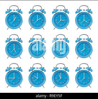 Twelve blue alarm clocks showing the top of each hour isolated on a white background Stock Photo