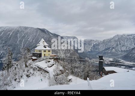 Hallstatt, Austria Sky walk. Stunning view from the top, of the snowy mountains and  the lake. Stock Photo