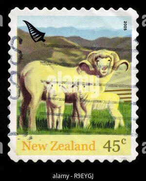 Postage stamp from New Zealand in the Farmyard Animals and Chinese New Year (Year of the Rooster) series issued in 2005 Stock Photo