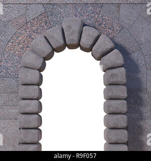 Cyclopean stone gate with granite tiled wall and white isolated opening. 3d render. Stock Photo