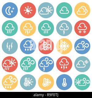 Weather forecast icons set on color circles background for graphic and web design, Modern simple vector sign. Internet concept. Trendy symbol for website design web button or mobile app. Stock Vector