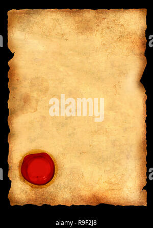 Old parchment with wax seal. Isolated over black Stock Photo