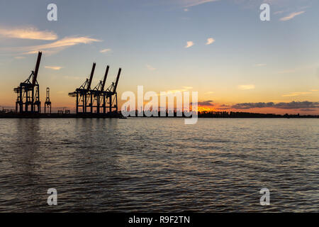 HAMBURG, GERMANY - November 11, 2018: Scenic View of cranes at Hamburg Harbour durng sunset hour. Stock Photo