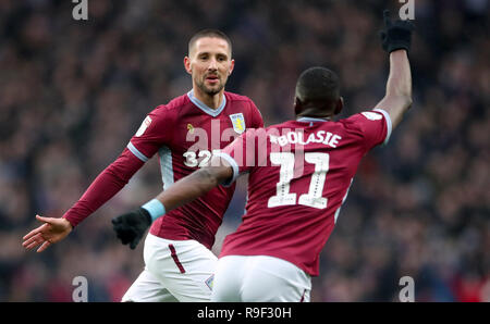 Aston Villa's Conor Hourihane (left) celebrates scoring his side's second goal of the game with Aston Villa's Yannick Bolasie during the Sky Bet Championship match at Villa Park, Birmingham. Stock Photo