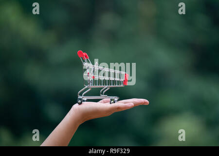 empty shopping cart on hand natural background Stock Photo
