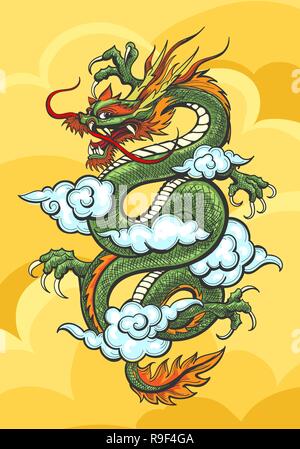 Chinese Dragon in yellow sky with blue clouds. Vector illustration. Stock Vector