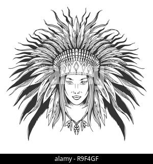 Hand drawn indian girl in feathers war bonnet. Vector illustration. Stock Vector