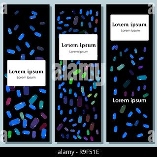 Set flyer, brochure template and banner. On a black background multicolored bottles for decoration Stock Vector