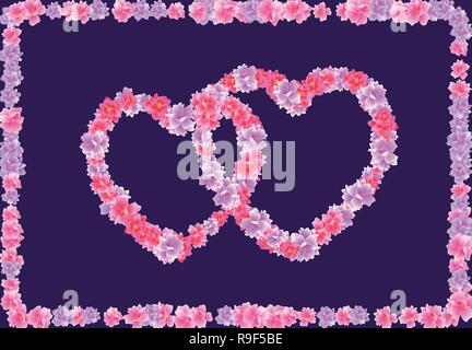 Valentine s Day. Two Heart of pink flowers Sakura, Cherry Blossom on a dark background in a frame of flowers. illustration Stock Vector