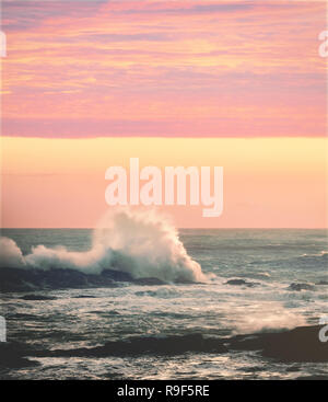 Crashing ocean waves sunset light Stock Photo