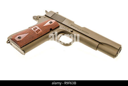 Winneconne, WI - 4 December 2018:  A Springfield 1911 A1 from WWI or World War 1 with a US on the handle on an isolated background. Stock Photo