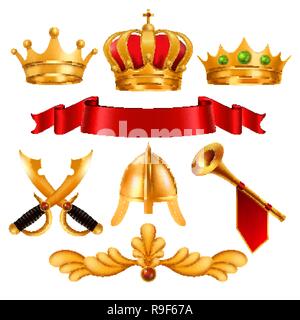 Gold Crown Vector. Golden King Royal Crown With Gems, Red Ribbon Velvet Textile, Swordm Helmet, Horn. Monarchy Power, Competition Winner. Certificate, Diploma Design. Isolated Realistic Illustration Stock Vector