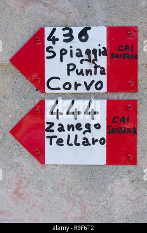 Distance indications in steps of the Italian alpine club in the Liguria region of Italy. Horizontal view. Useful for indicating a distance concept Stock Photo