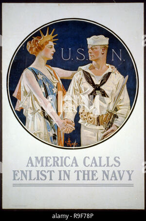 America calls, enlist in the Navy recruitment poster by J.C. Leyendecker. Stock Photo