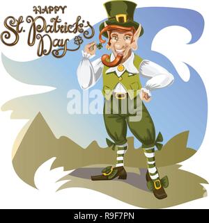 Happy Saint Patrick s Day. Character with green hat. Cartoon funny leprechaun with clover. Vector illustration Stock Vector