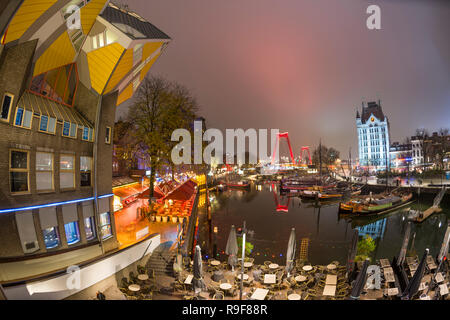 Oudehaven area in Rotterdam. The Witte Huis building, cube houses and Willemsbrug on the background. Stock Photo