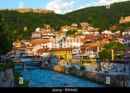 Houses in the old town on the banks of the Prizren Bistrica River, Prizren, Kosovo Stock Photo