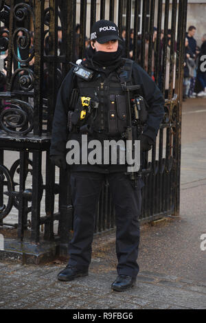 Armed Female Police Officer protecting the Changing of the Guard, Horseguards Parade, Whitehall, London. UK Stock Photo