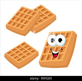 Belgian waffles or viennese waffles. Cute cartoon fast food sweet dessert vector character set isolated on white background Stock Vector
