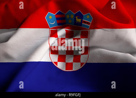 Closeup of Ruffled Croatia Flag, Croatia Flag Blowing in Wind Stock Photo