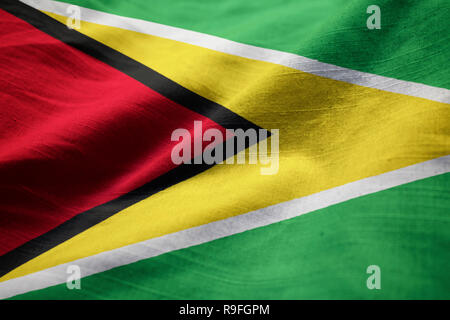 Closeup of Ruffled Guyana Flag, Guyana Flag Blowing in Wind Stock Photo