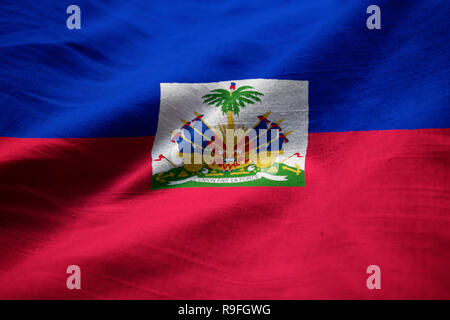 Closeup of Ruffled Haiti Flag, Haiti Flag Blowing in Wind Stock Photo
