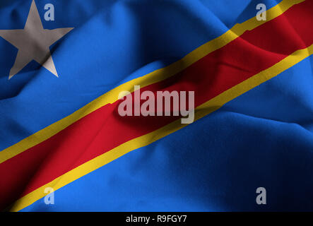 Closeup of the Ruffled Democratic Republic of the Congo Flag, the Democratic Republic of the Congo Flag Blowing in Wind Stock Photo