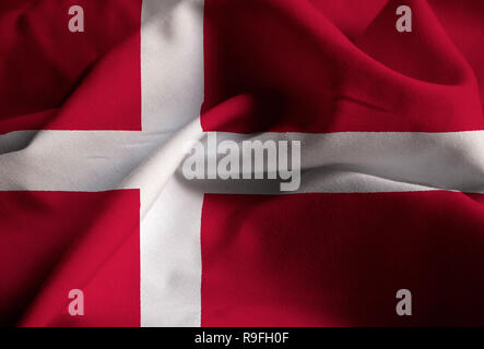Closeup of Ruffled Denmark Flag, Denmark Flag Blowing in Wind Stock Photo