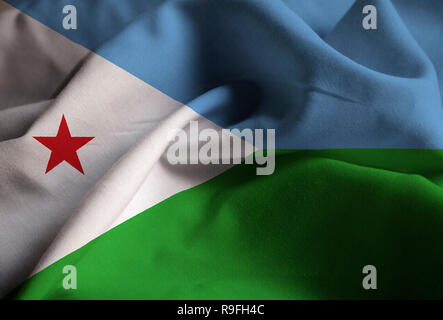 Closeup of Ruffled Djibouti Flag, Djibouti Flag Blowing in Wind Stock Photo