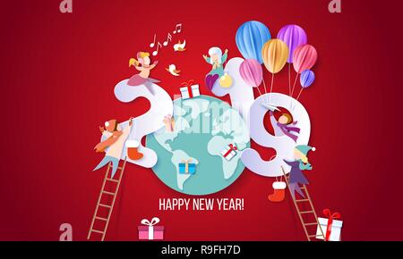 2019 New Year design card with children on red background. Vector illustration. Paper cut and craft style. Stock Vector