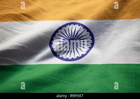 Closeup of Ruffled India Flag, India Flag Blowing in Wind Stock Photo