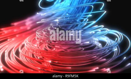 blue and red fiber optic strings in dark. 3d illustration Stock Photo