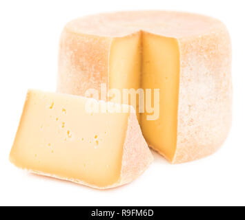 Cheese wheel with slice isolated on white background Stock Photo