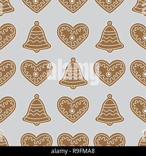 Seamless pattern with gingerbread bells and hearts. Holiday background. Design for banner, poster, textile, print. Stock Vector