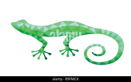 Vector design of gecco in low poly style. Animal of australia. Green color. Isolated on white background. Silhouette of an animal from polygons side. Stock Vector