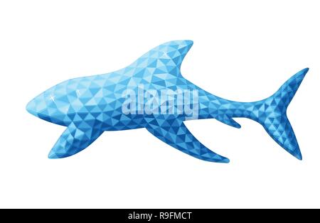 Vector design of shark in low poly style. Animal of australia. Blue color. Isolated on white background. Silhouette of an animal from polygons side. Stock Vector