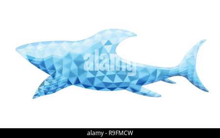 Vector design of shark in low poly style. Animal of australia. Blue color. Isolated on white background. Silhouette of an animal from polygons side. Stock Vector