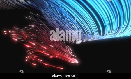 blue and red fiber optic strings in dark. 3d illustration Stock Photo