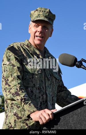 A U.S. Navy Admiral Philip Davidson, commander, U.S. Indo-Pacific Command, addresses Marines at the 25th Infantry Division Review at Weyand Field Schofield Barracks December 21, 2018 in Wahiawa, Hawaii. Stock Photo