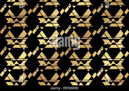 Seamless, abstract background pattern made with geometric shapes forming hexagons in gold and black colors. Decorative vector art. Stock Vector